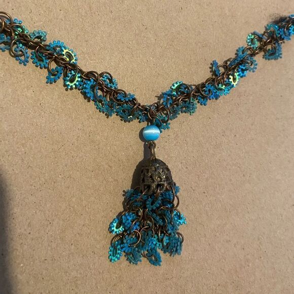Blue / teal brass vintage looking necklace - Picture 1 of 5